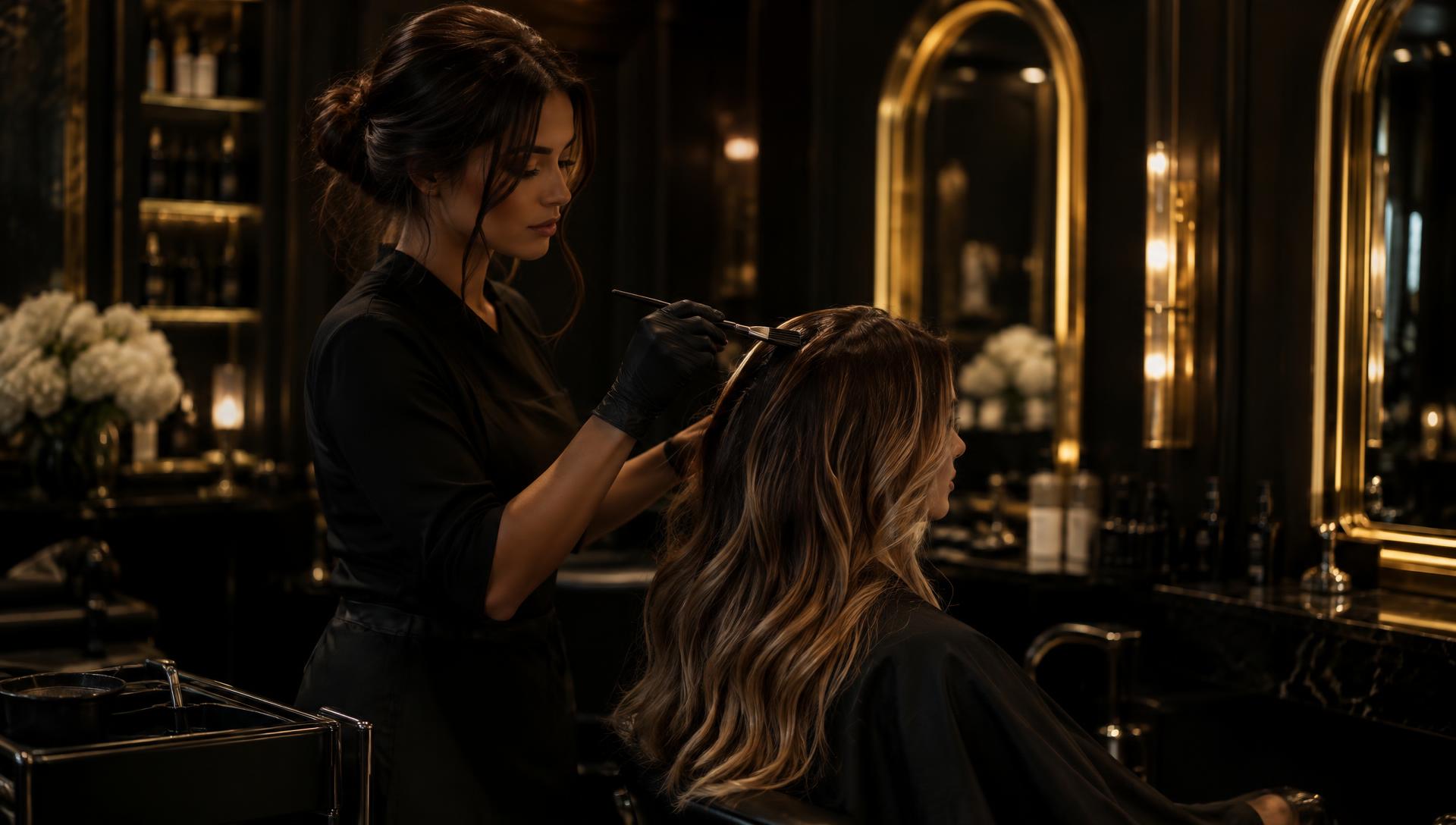 Une coiffeuse en pleine action appliquant une couleur sur les cheveux d'une cliente, dans l'ambiance noir et doré du salon Elle et Lui — Le Bar à Couleurs à Grenoble